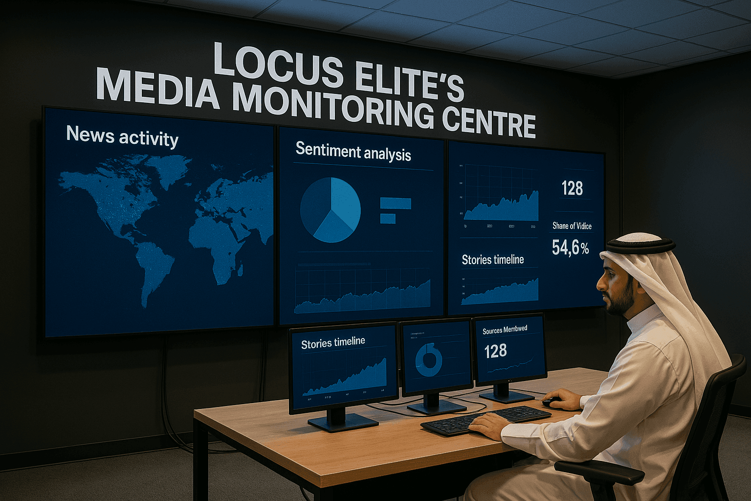 Locus Elite's Media Monitoring Centre showcasing advanced AI and data analytics dashboards for news activity, sentiment analysis, and social listening. Locus Elite's Media Monitoring Centre showcasing advanced AI and data analytics dashboards for news activity, sentiment analysis, and social listening.